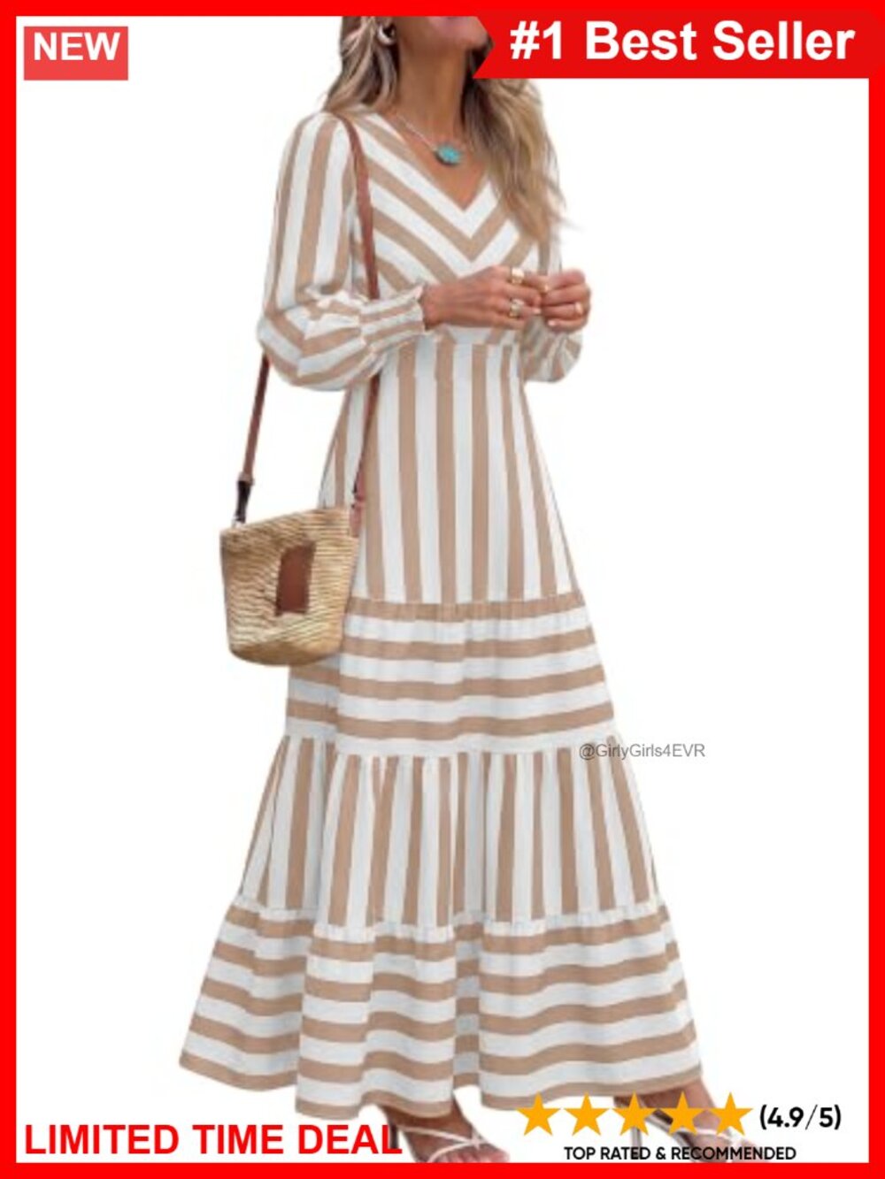 Gingham Striped Long Sleeve V-Neck Smocked A-Line Tiered Maxi Dress